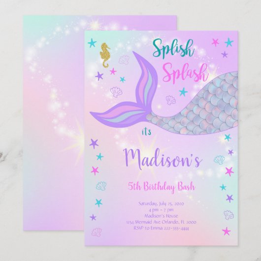 Mermaid Birthday Invitation Kaart (Voorkant / Achterkant)