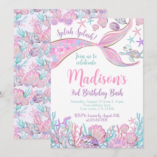 Mermaid Birthday Invitation Kaart (Voorkant / Achterkant)