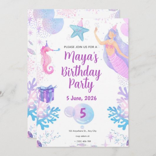 Mermaid Birthday Invitation Kaart (Voorkant / Achterkant)