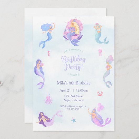 Mermaid Birthday Invitation Kaart (Voorkant / Achterkant)