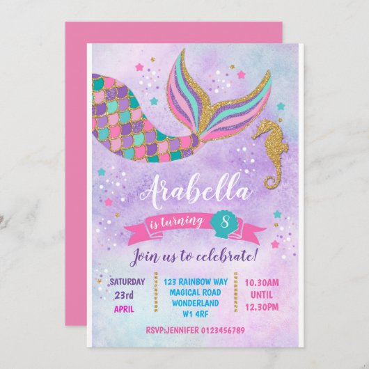 Mermaid Birthday Invitation Kaart (Voorkant / Achterkant)