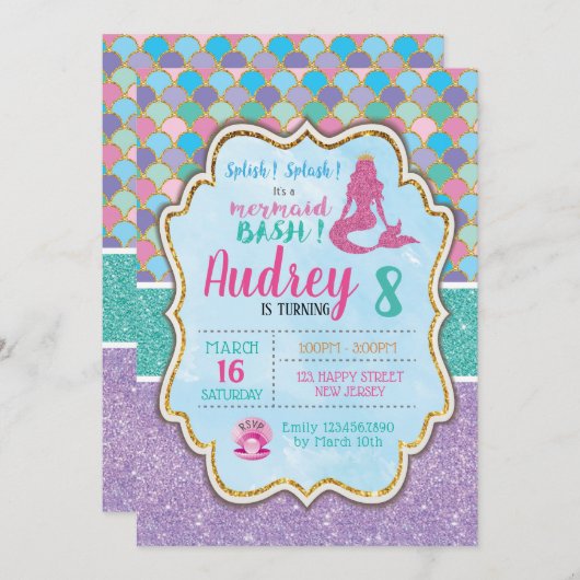 Mermaid Birthday Invitation Kaart (Voorkant / Achterkant)