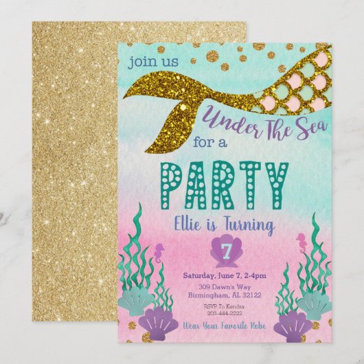 Mermaid Birthday Invitation Kaart (Voorkant / Achterkant)