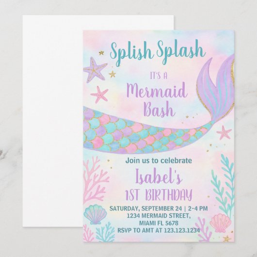 Mermaid Birthday Invitation Kaart (Voorkant / Achterkant)