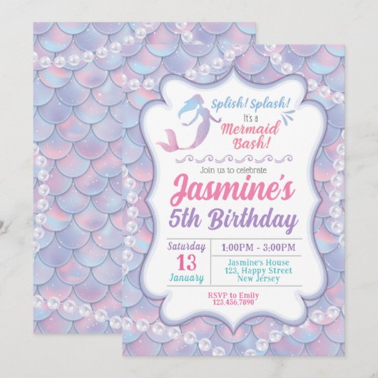 Mermaid Birthday Invitation Kaart (Voorkant / Achterkant)