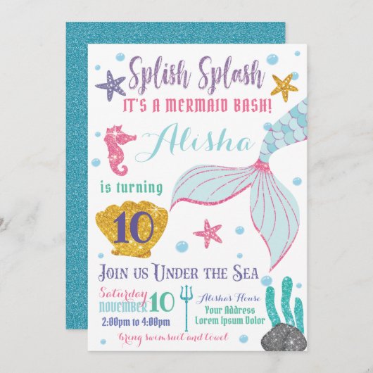 Mermaid Birthday Invitation Kaart (Voorkant / Achterkant)