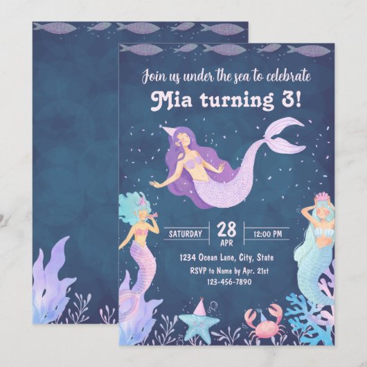 Mermaid Birthday Invitation Kaart (Voorkant / Achterkant)