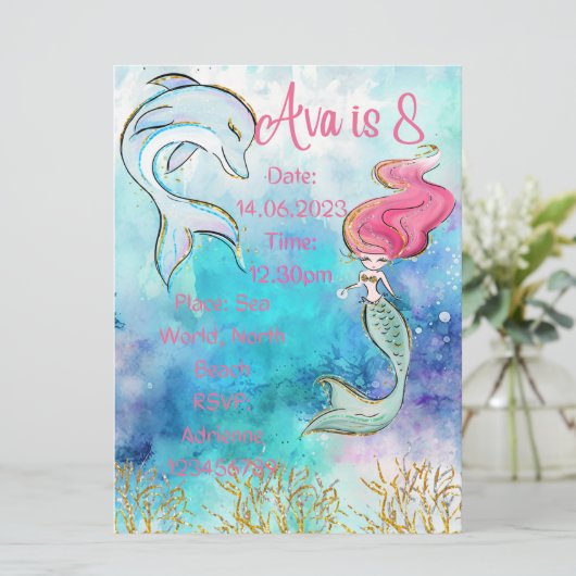 Mermaid Birthday Invitation Kaart (Staand voorkant)