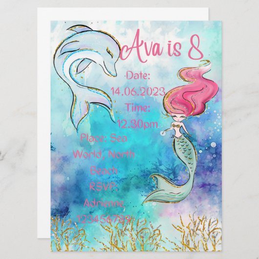 Mermaid Birthday Invitation Kaart (Voorkant / Achterkant)