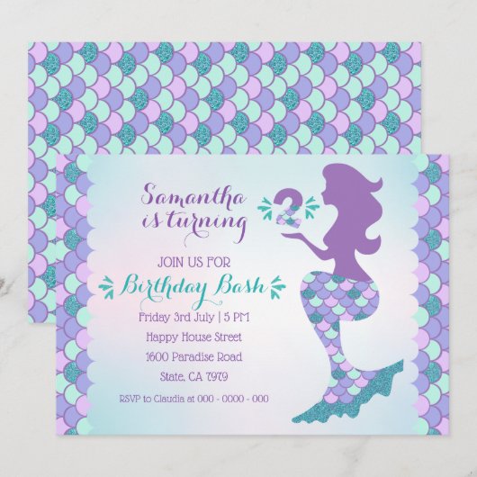 Mermaid Birthday Invitation Mermaid Number 2 Kaart (Voorkant / Achterkant)