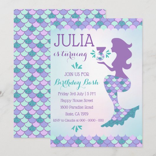 Mermaid Birthday Invitation Mermaid Number 3 Kaart (Voorkant / Achterkant)