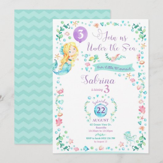 Mermaid Birthday Invitation Mermaid Party Blonde Kaart (Voorkant / Achterkant)