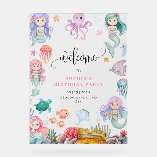 Mermaid Birthday Invitation, onder het Zee Mermaid Acryl Bord (Voorkant)