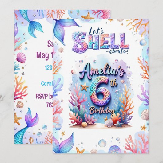 Mermaid Birthday Invitation - Onder het Zee Party Kaart (Voorkant / Achterkant)