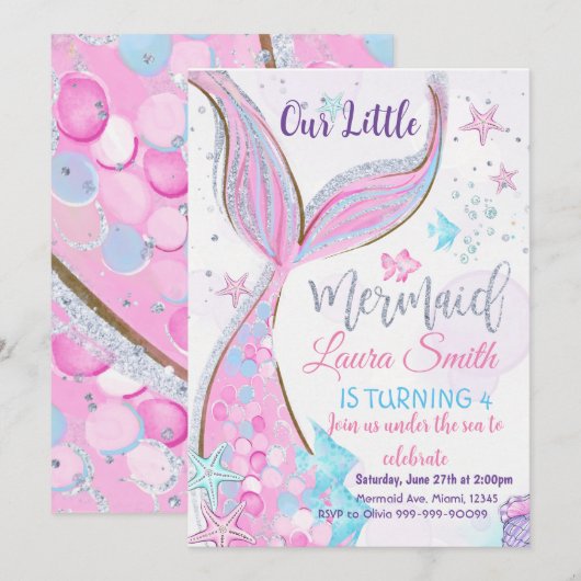 Mermaid Birthday Invitation Party Kaart (Voorkant / Achterkant)