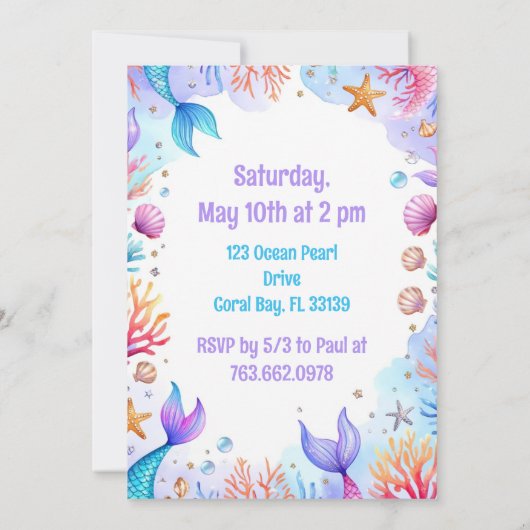 Mermaid Birthday Invitation Personalized  Name Age Kaart (Achterkant)
