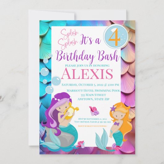 Mermaid Birthday Invitation, Pool party Invitation Kaart (Voorkant)