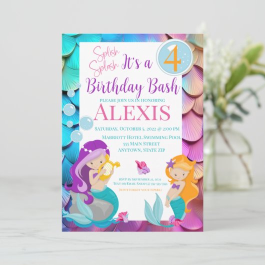Mermaid Birthday Invitation, Pool party Invitation Kaart (Staand voorkant)