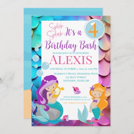 Mermaid Birthday Invitation, Pool party Invitation Kaart (Voorkant / Achterkant)