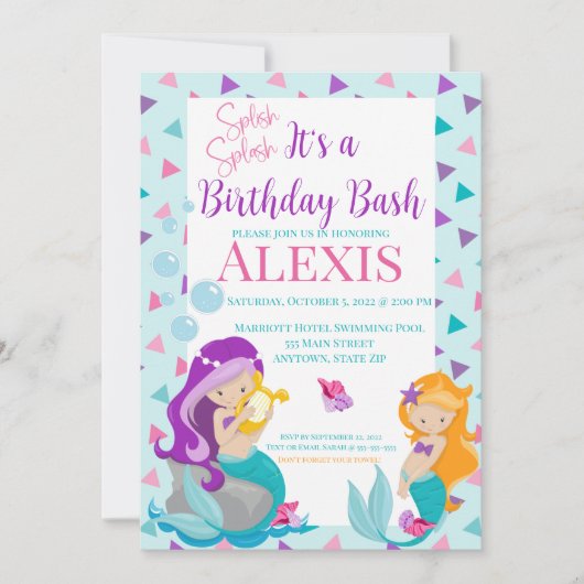 Mermaid Birthday Invitation, Pool party Kaart (Voorkant)