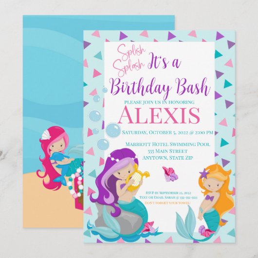 Mermaid Birthday Invitation, Pool party Kaart (Voorkant / Achterkant)