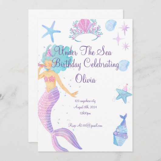 Mermaid Birthday Invitation Save The Date (Voorkant / Achterkant)
