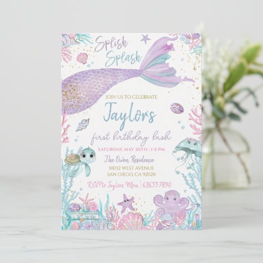 Mermaid Birthday Invitation Sjabloon. Bewerkbare I Kaart (Staand voorkant)