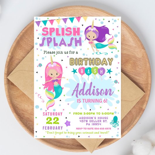 Mermaid Birthday Invitation Splish Splash Invite Kaart