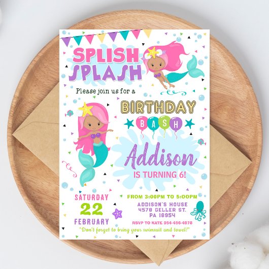 Mermaid Birthday Invitation Splish Splash Invite Kaart