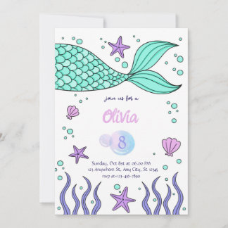 Mermaid Birthday invitation template tail invite Kaart