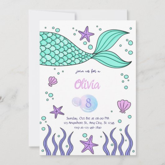 Mermaid Birthday invitation template tail invite Kaart (Voorkant)