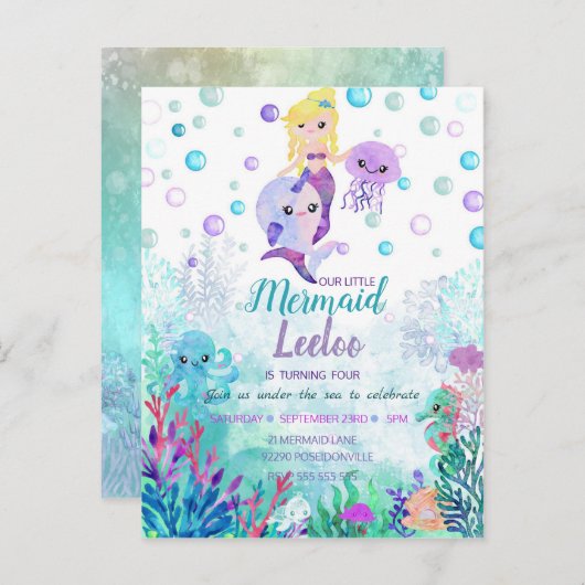 Mermaid Birthday Invitation under the zee party Uitnodiging Briefkaart (Voorkant / Achterkant)