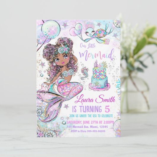 Mermaid Birthday Invitation Unicorn Black Mermaid Kaart (Staand voorkant)
