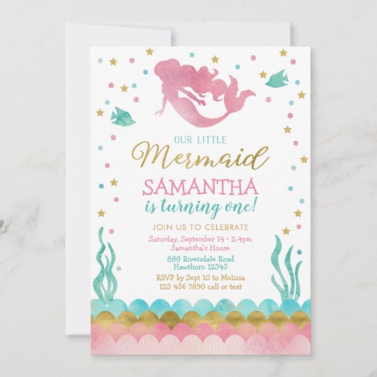 Mermaid Birthday Invitation, Waterverf Zeemeermin Kaart (Voorkant)