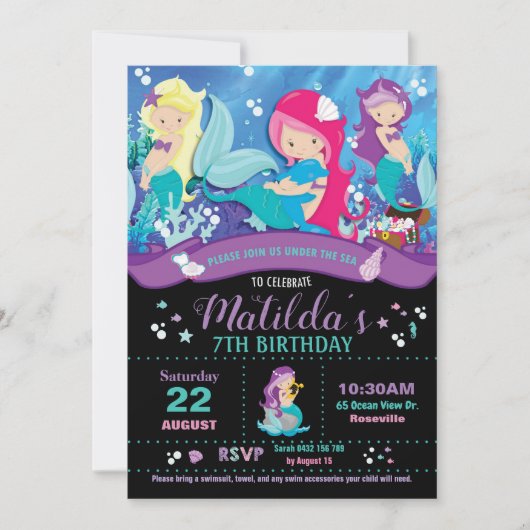 Mermaid Birthday Invitations Girls Party Kaart (Voorkant)