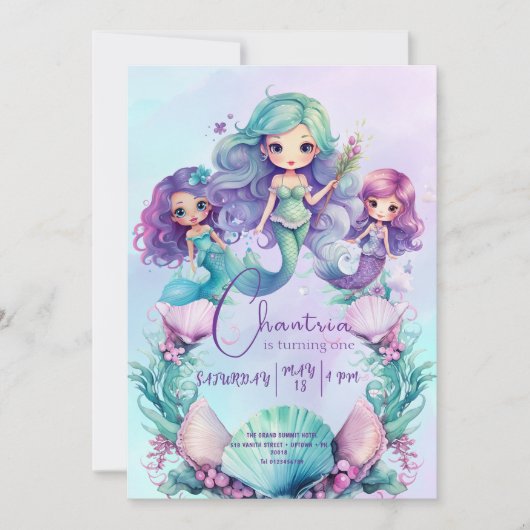 Mermaid Birthday Little Mermaid Uitnodiging (Voorkant)