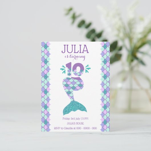 Mermaid Birthday Mermaid Number 10 Uitnodiging Briefkaart (Staand voorkant)