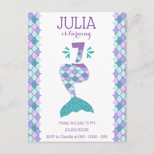 Mermaid Birthday Mermaid Number 7 Uitnodiging Briefkaart (Voorkant)