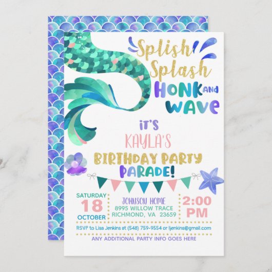 Mermaid Birthday Parade Invitation Kaart (Voorkant / Achterkant)