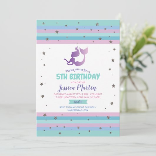 Mermaid Birthday Party Any Age 5e 6e 7e Uitnodigin Kaart (Staand voorkant)