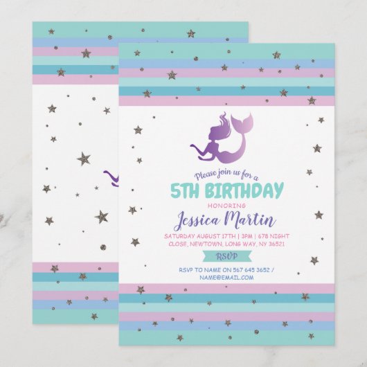 Mermaid Birthday Party Any Age 5e 6e 7e Uitnodigin Kaart (Voorkant / Achterkant)