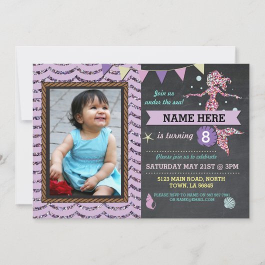 Mermaid Birthday Party Foto Paars Glitter Invite Kaart (Voorkant)