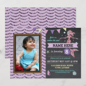 Mermaid Birthday Party Foto Paars Glitter Invite Kaart (Voorkant / Achterkant)