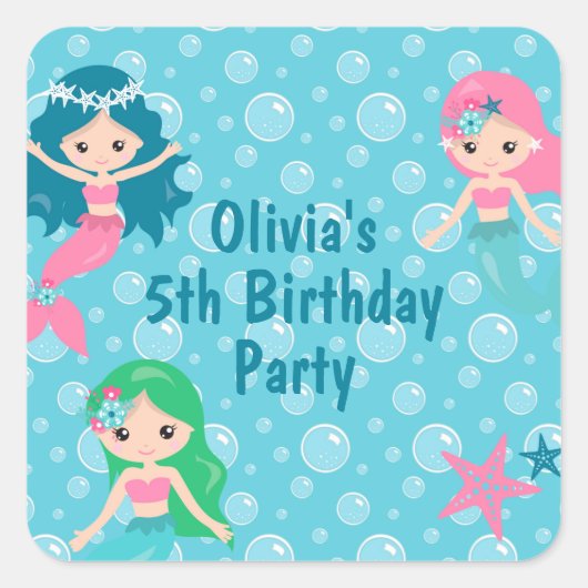 Mermaid Birthday Party - Gepersonaliseerd Vierkante Sticker (Voorkant)