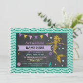 Mermaid Birthday Party Gold Glitter Zee Invitation Kaart (Staand voorkant)