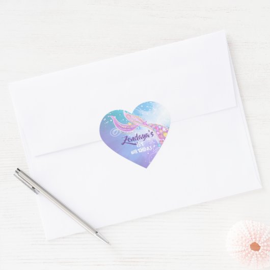 Mermaid Birthday Party Hart Sticker (Envelop)