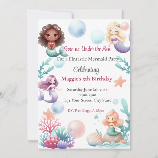 Mermaid Birthday Party Invitation for Girls Kaart (Voorkant)