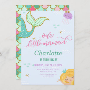 Mermaid Birthday Party Invitation - Gold Glitter Kaart