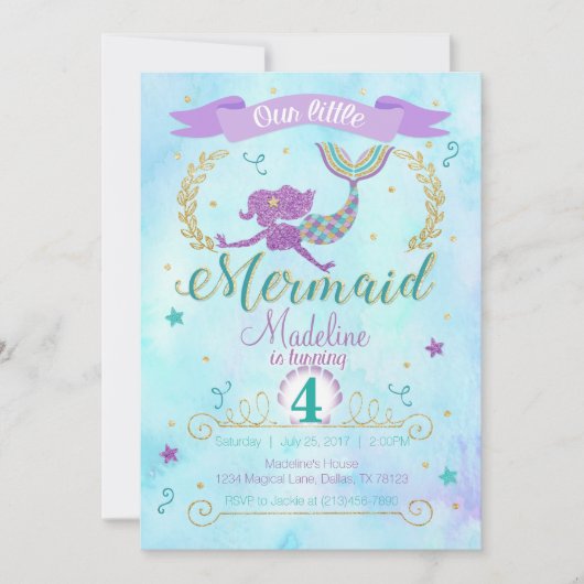 Mermaid Birthday Party Invitation Paars Blauwgroen Kaart (Voorkant)
