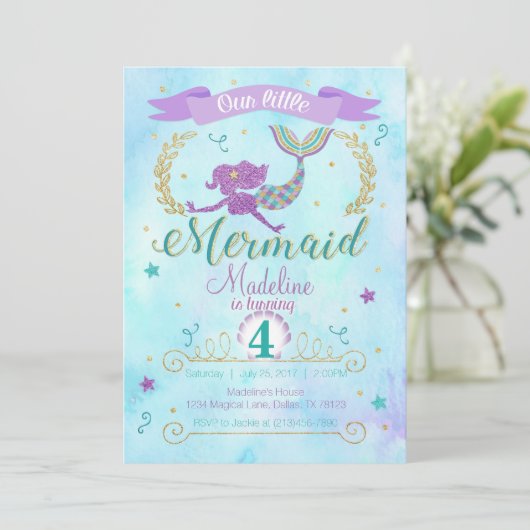 Mermaid Birthday Party Invitation Paars Blauwgroen Kaart (Staand voorkant)